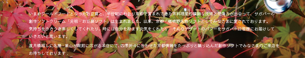 いまやワールドフードとなったお豆腐と、半世紀にわたり京都で育まれてきた京料理屋の繊細な技術と想像力が出会って、サガパーの創作ソフトクリーム「元祖 ・お豆腐ソフト」 は生まれました。以来、京都・嵯峨野名物ソフトとしてみなさまに愛されております。気持ちをうきうき楽しくしてくれたり、時には自分を励ます元気をくれたり…そんなデザートのパワーをサガパーは皆様にお届けしていきたいと思います。